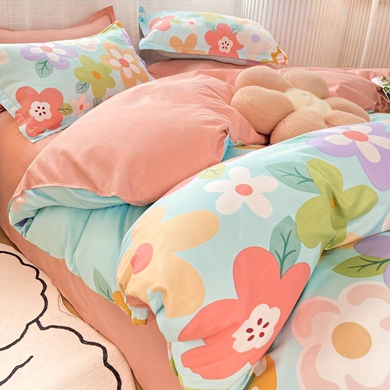 Coral Pink Blue Gray Floral Bedding Set Collection-Enchanted peach