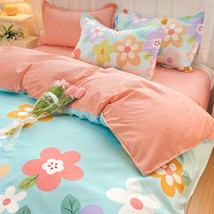 Coral Pink Blue Gray Floral Bedding Set Collection-Enchanted peach