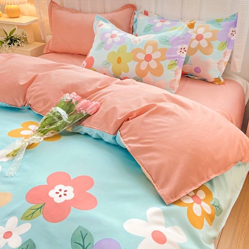 Coral Pink Blue Gray Floral Bedding Set Collection-Enchanted peach