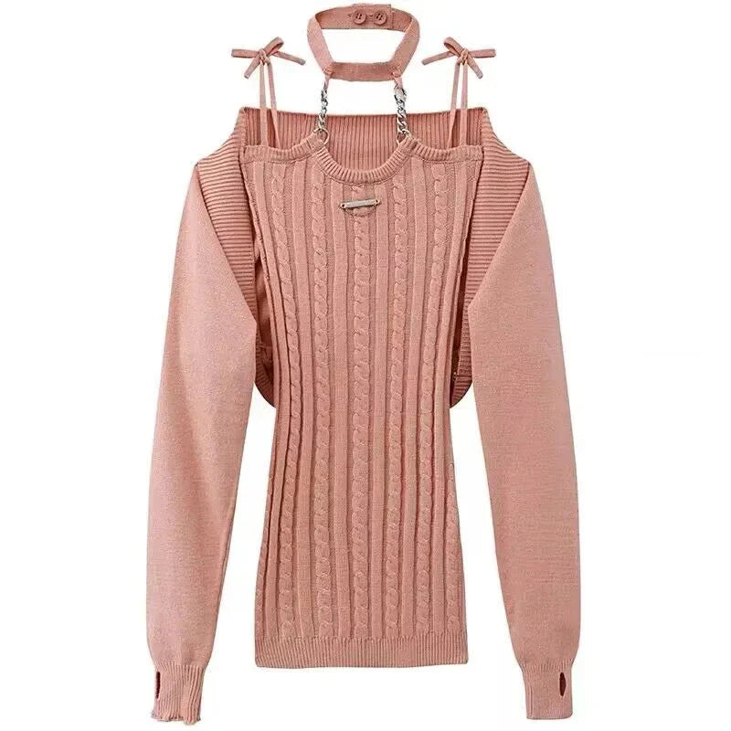 Coral Pink Cardigan Dress Ribbed Women's 2pc Knit Set-Enchanted peach