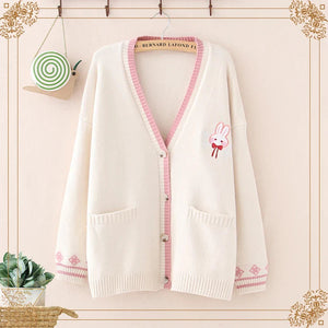 Cute Bunny Long Sleeve Knitted Pink Cream Black Cardigans Tops-Enchanted peach