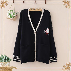 Cute Bunny Long Sleeve Knitted Pink Cream Black Cardigans Tops-Enchanted peach