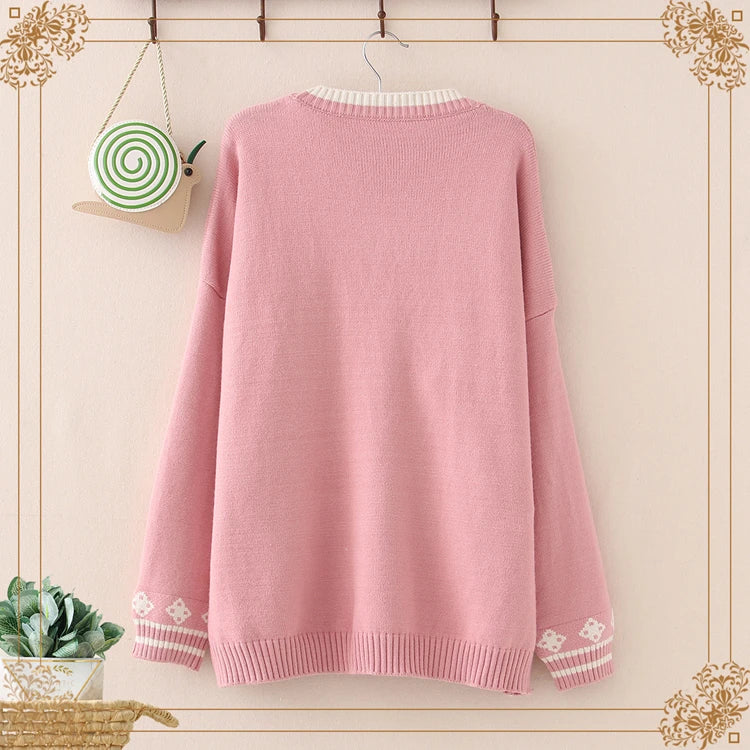 Cute Bunny Long Sleeve Knitted Pink Cream Black Cardigans Tops-Enchanted peach