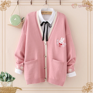 Cute Bunny Long Sleeve Knitted Pink Cream Black Cardigans Tops-Enchanted peach