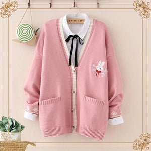 Cute Bunny Long Sleeve Knitted Pink Cream Black Cardigans Tops-Enchanted peach