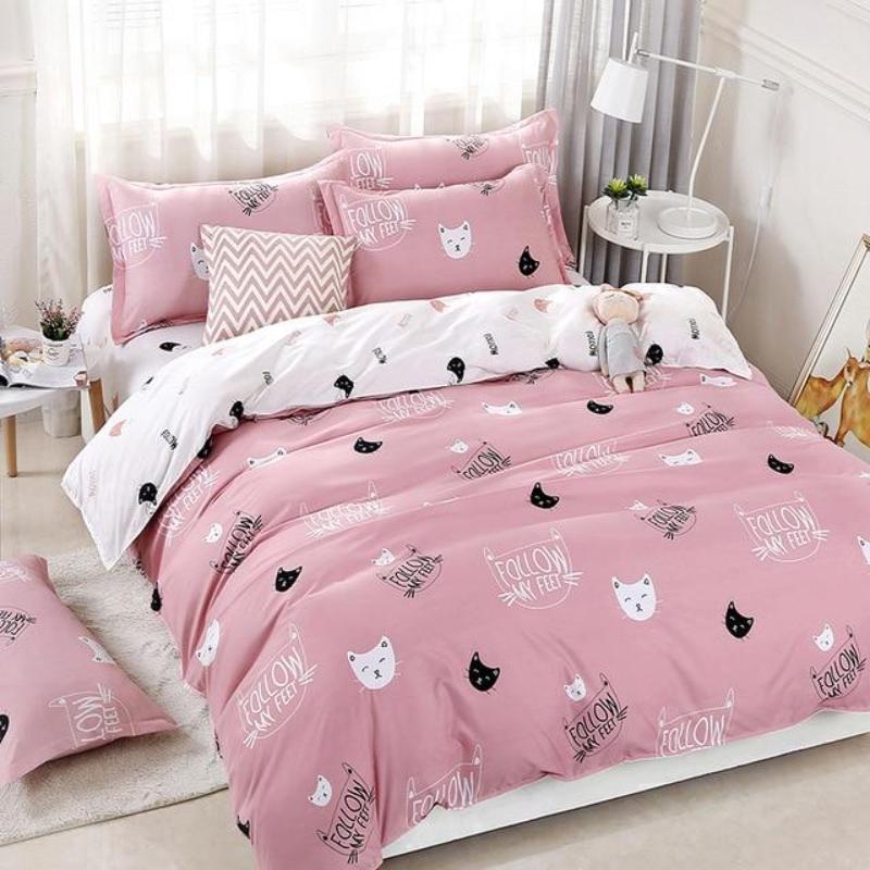 Cute Cat Print Bedding Set-Enchanted peach