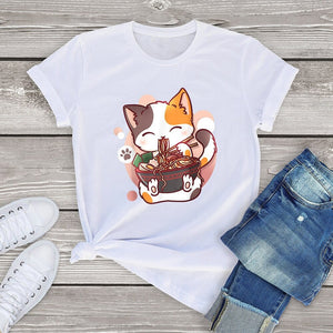 Cute Cat eating Ramen Cotton Women's Tee-Enchanted peach