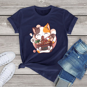 Cute Cat eating Ramen Cotton Women's Tee-Enchanted peach