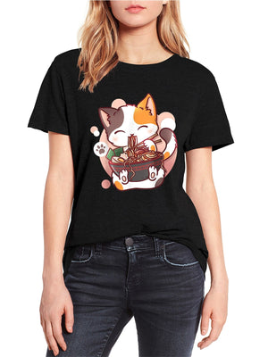 Cute Cat eating Ramen Cotton Women's Tee-Enchanted peach