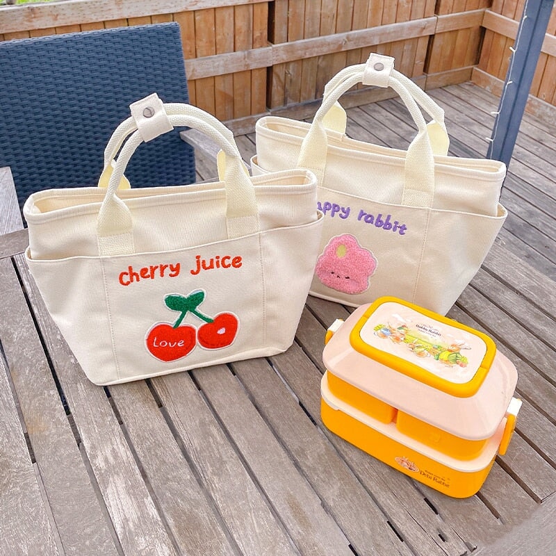 Cute Cherry & Bunny Canvas Lunch Bags-Enchanted peach