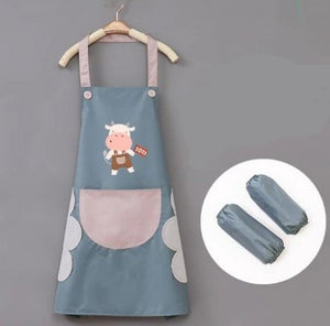 Cute Cow Print Waterproof Apron Set with Short Sleeves-Enchanted peach