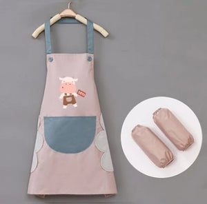 Cute Cow Print Waterproof Apron Set with Short Sleeves-Enchanted peach