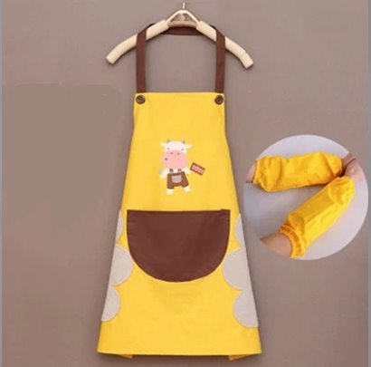 Cute Cow Print Waterproof Apron Set with Short Sleeves-Enchanted peach