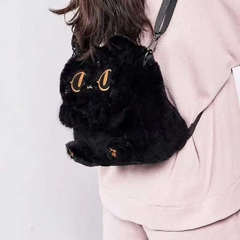 Cute Fluffy Moon Black Cat Plush Bag-Enchanted peach