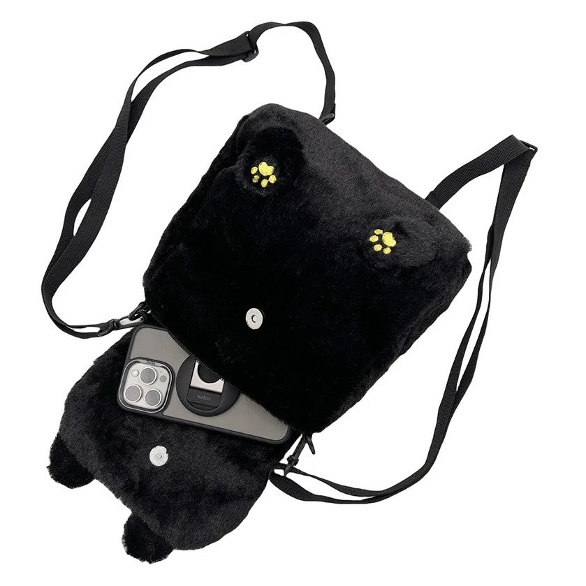 Cute Fluffy Moon Black Cat Plush Bag-Enchanted peach