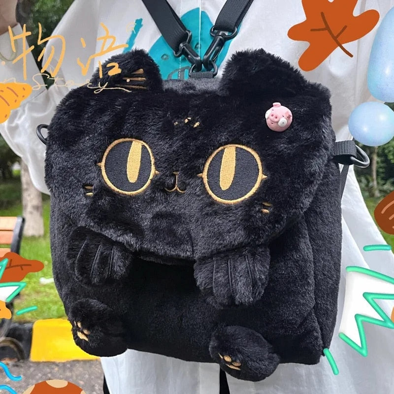 Cute Fluffy Moon Black Cat Plush Bag-Enchanted peach