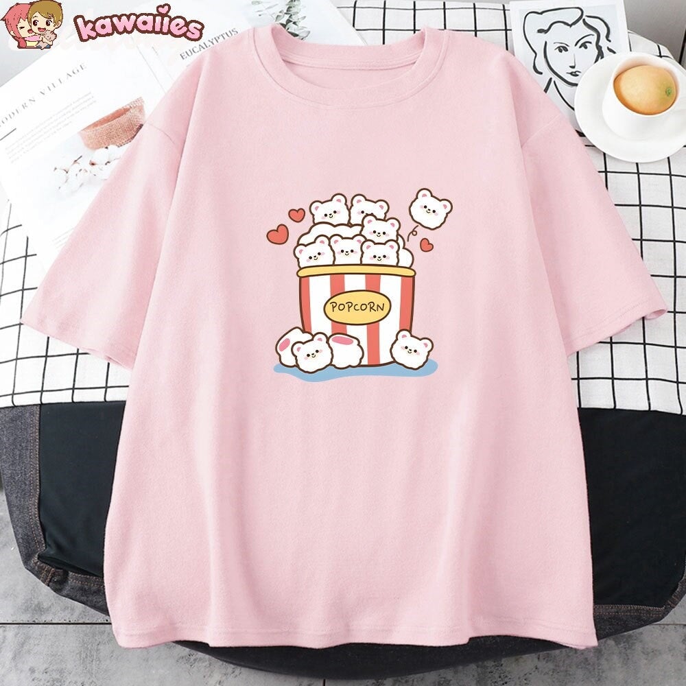 Cute Kawaii White Bear Popcorn Unisex Tee-Enchanted peach