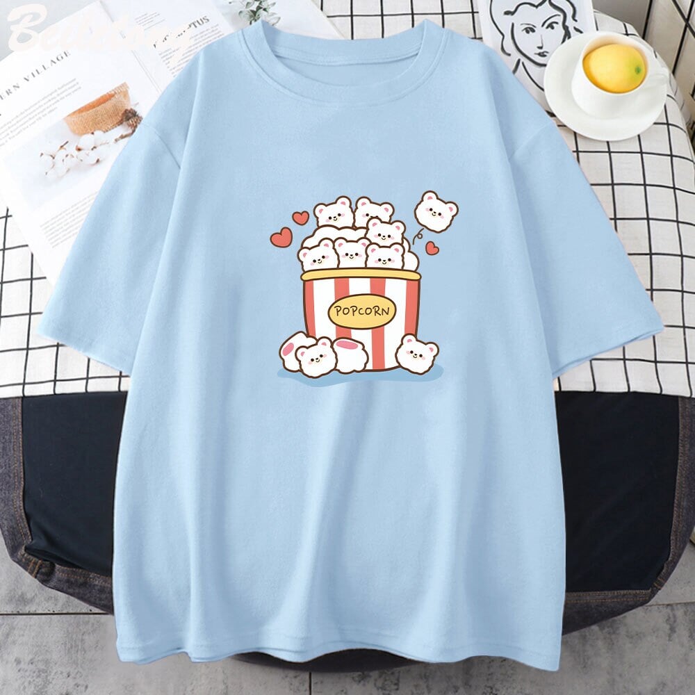 Cute Kawaii White Bear Popcorn Unisex Tee-Enchanted peach