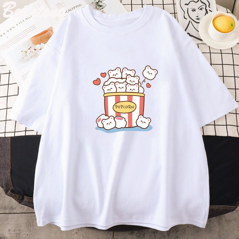 Cute Kawaii White Bear Popcorn Unisex Tee-Enchanted peach