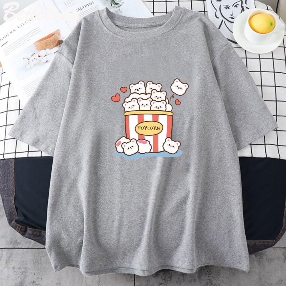 Cute Kawaii White Bear Popcorn Unisex Tee-Enchanted peach