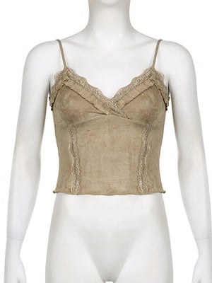 Cute Khaki Lace Spaghetti Vest-Enchanted peach