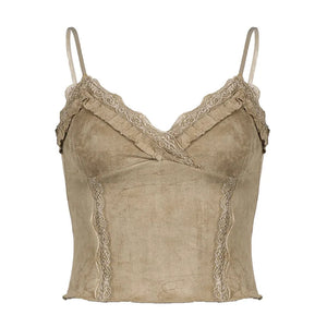 Cute Khaki Lace Spaghetti Vest-Enchanted peach