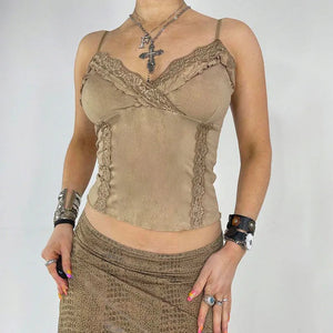 Cute Khaki Lace Spaghetti Vest-Enchanted peach