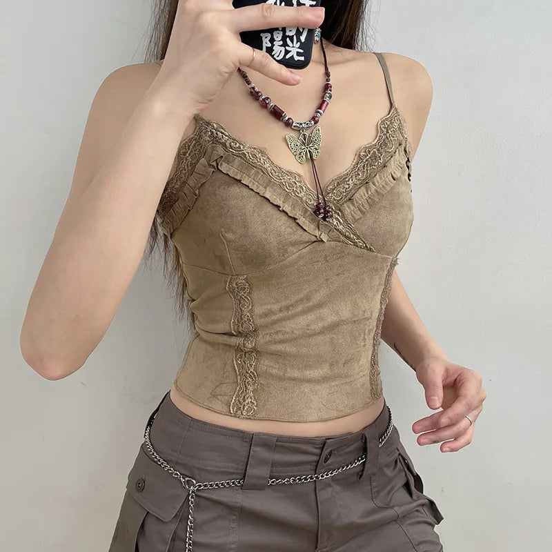 Cute Khaki Lace Spaghetti Vest-Enchanted peach