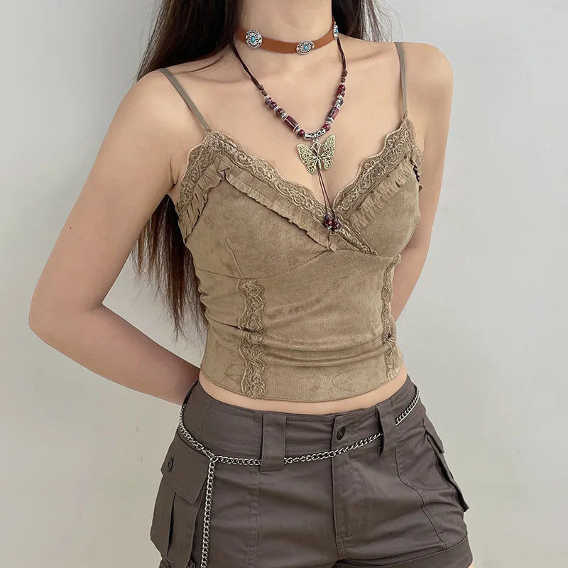 Cute Khaki Lace Spaghetti Vest-Enchanted peach