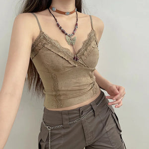 Cute Khaki Lace Spaghetti Vest-Enchanted peach