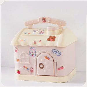 Cute Pink Blue Savings Piggy Bank Money Box House with Stickers-Enchanted peach