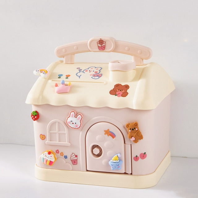 Cute Pink Blue Savings Piggy Bank Money Box House with Stickers-Enchanted peach