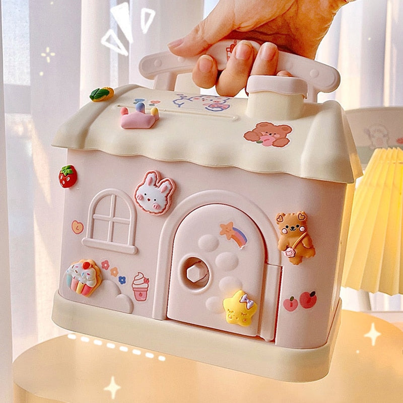 Cute Pink Blue Savings Piggy Bank Money Box House with Stickers-Enchanted peach