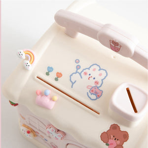 Cute Pink Blue Savings Piggy Bank Money Box House with Stickers-Enchanted peach