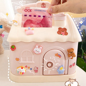 Cute Pink Blue Savings Piggy Bank Money Box House with Stickers-Enchanted peach