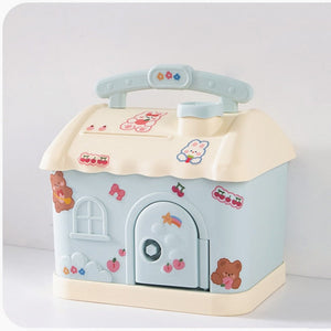 Cute Pink Blue Savings Piggy Bank Money Box House with Stickers-Enchanted peach