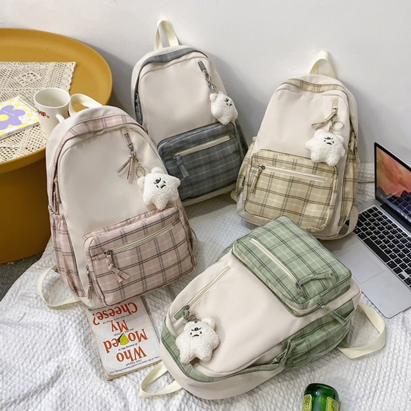 Cute Plaid Two-Tone Pastel Backpack-Enchanted peach