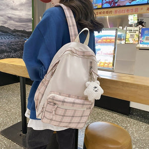 Cute Plaid Two-Tone Pastel Backpack-Enchanted peach