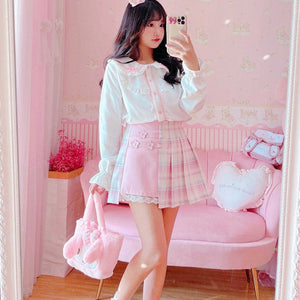 Cute Pleated Pink White Checked Women High-Waist Short Skirt with Lace & Shorts-Enchanted peach