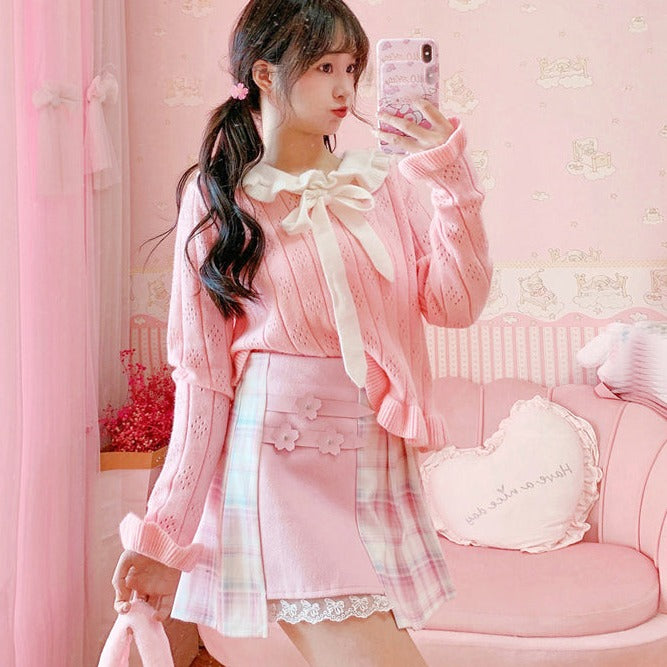 Cute Pleated Pink White Checked Women High-Waist Short Skirt with Lace & Shorts-Enchanted peach