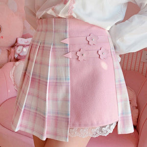 Cute Pleated Pink White Checked Women High-Waist Short Skirt with Lace & Shorts-Enchanted peach