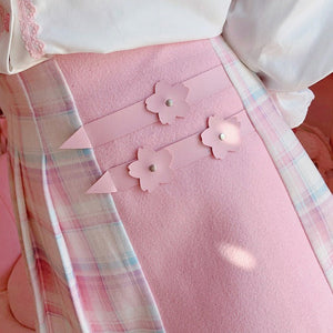 Cute Pleated Pink White Checked Women High-Waist Short Skirt with Lace & Shorts-Enchanted peach