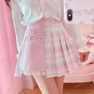 Cute Pleated Pink White Checked Women High-Waist Short Skirt with Lace & Shorts-Enchanted peach