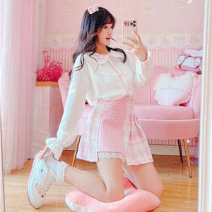 Cute Pleated Pink White Checked Women High-Waist Short Skirt with Lace & Shorts-Enchanted peach