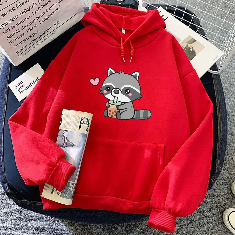 Cute Raccoon Drinking Bubble Milk Tea Unisex Hoodie-Enchanted peach