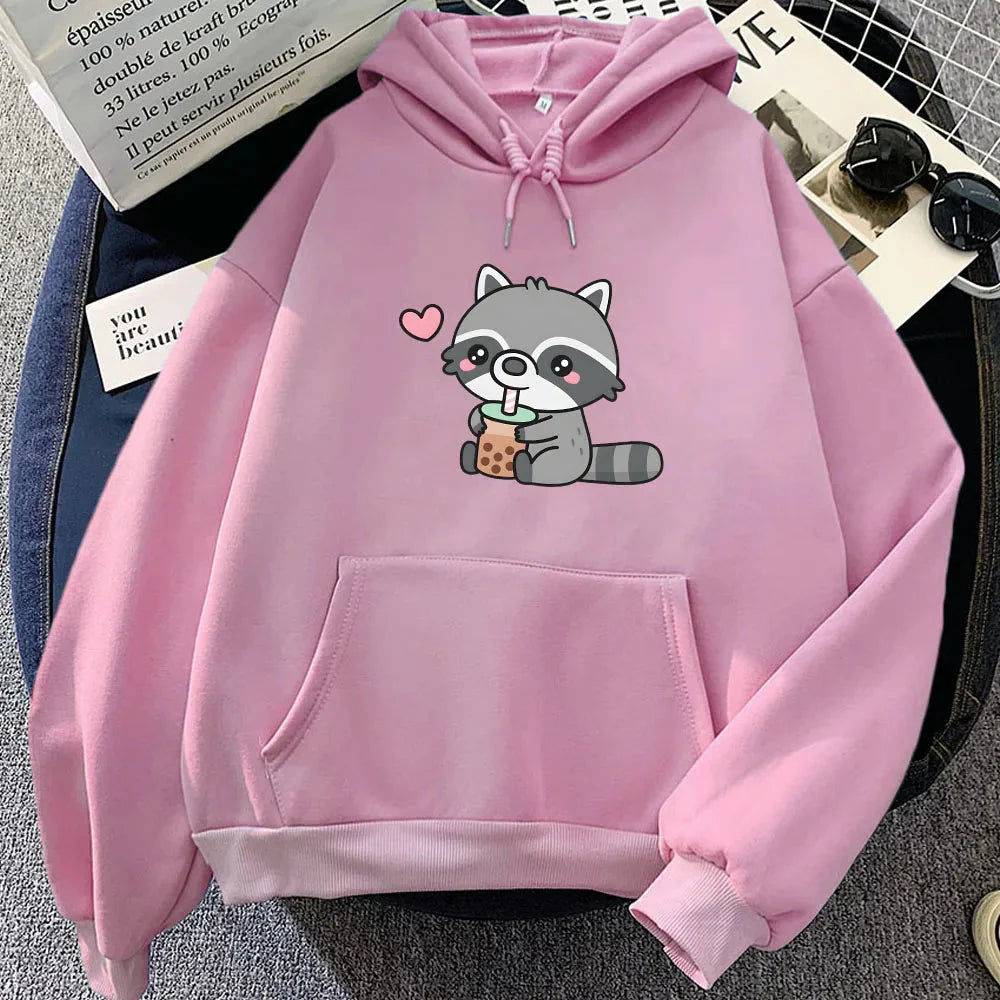 Cute Raccoon Drinking Bubble Milk Tea Unisex Hoodie-Enchanted peach