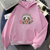 Cute Raccoon Eating Bubble Milk Tea and Pizza Unisex Hoodies-Enchanted peach