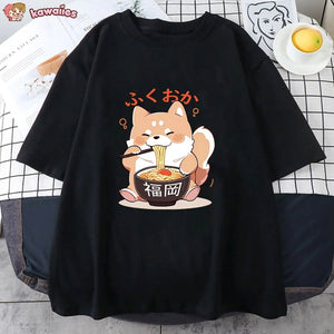 Cute Shiba Inu Slurping Ramen Unisex Tee-Enchanted peach