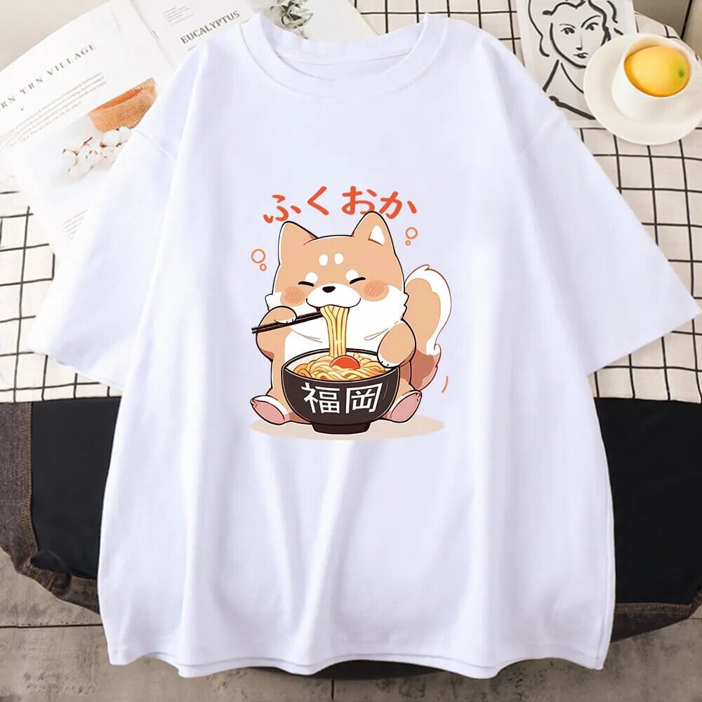 Cute Shiba Inu Slurping Ramen Unisex Tee-Enchanted peach