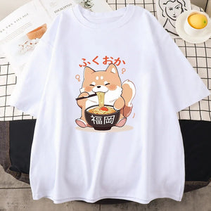 Cute Shiba Inu Slurping Ramen Unisex Tee-Enchanted peach